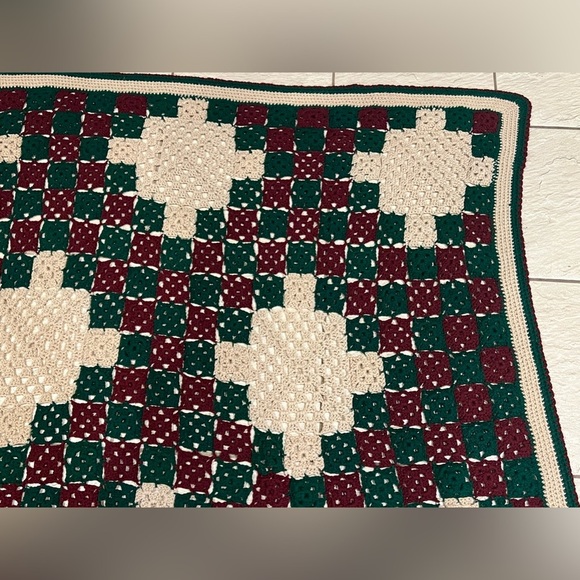 VTG Handmade Afghan Couch Throw Blanket Maroon Green Tan 60” x 65” Crochet - Picture 8 of 8